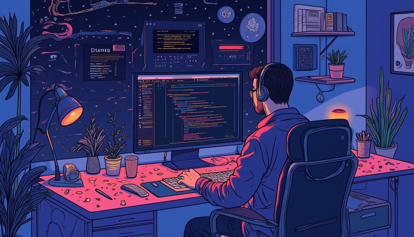 Developer coding at a futuristic desk setup.