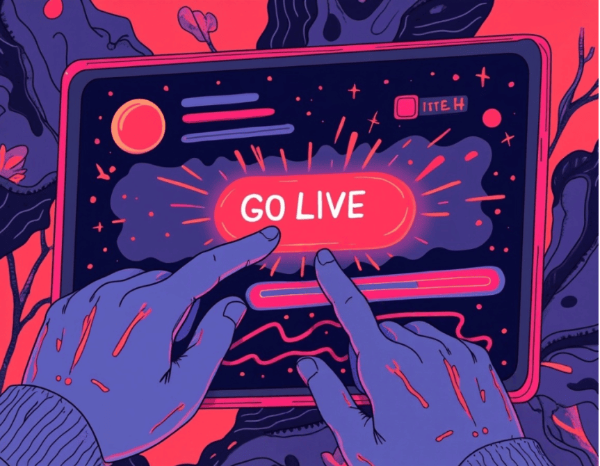 Hands preparing to go live on tablet.