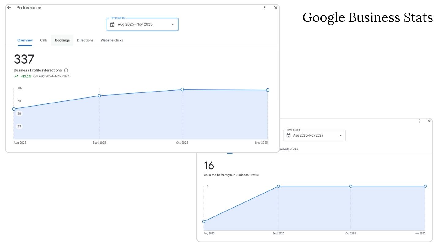 Google Business Profile insights showing website clicks, profile views, and search queries between August and November 2025.