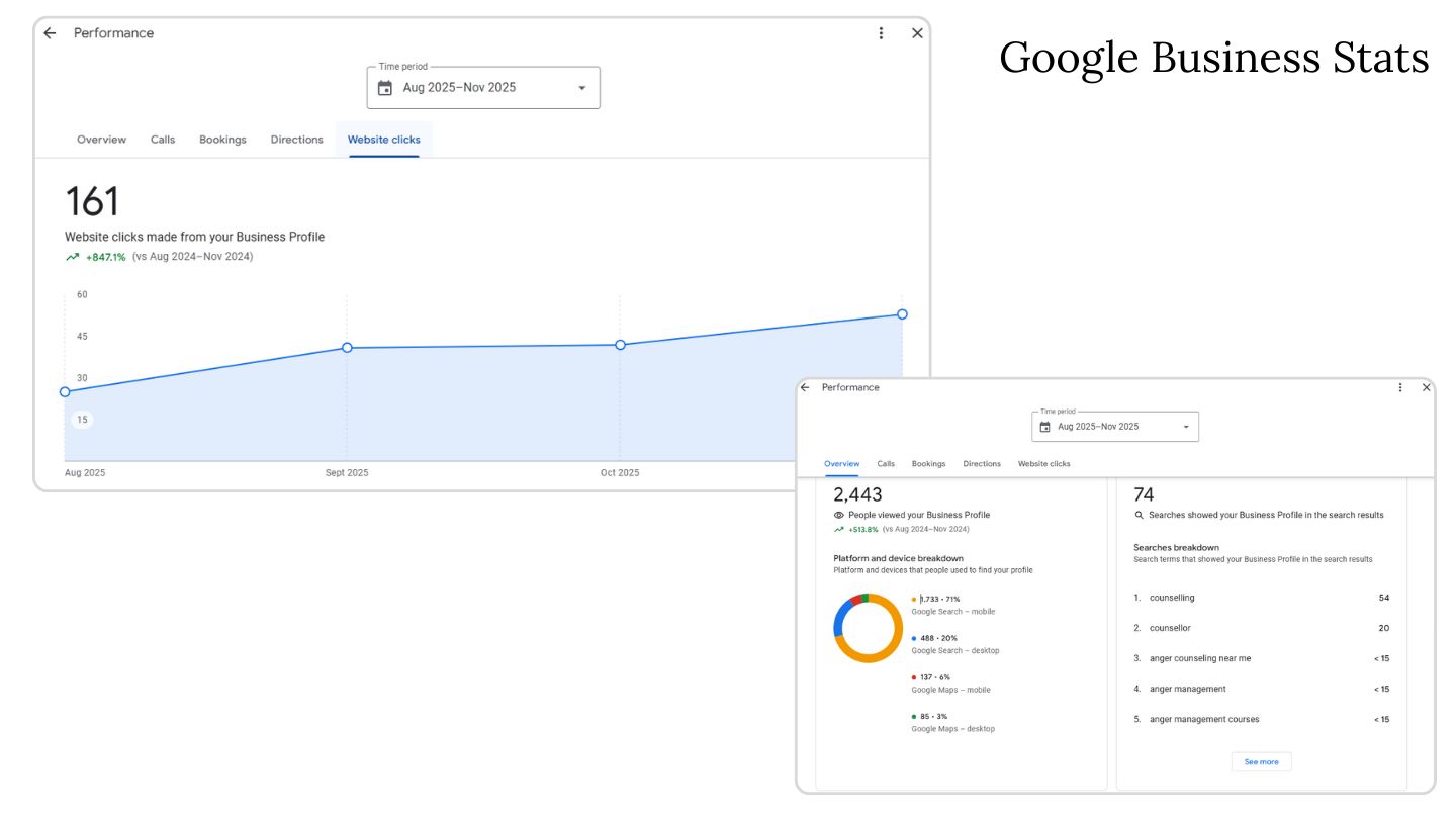 Google Business Profile performance showing increased profile interactions and phone calls between August and November 2025.