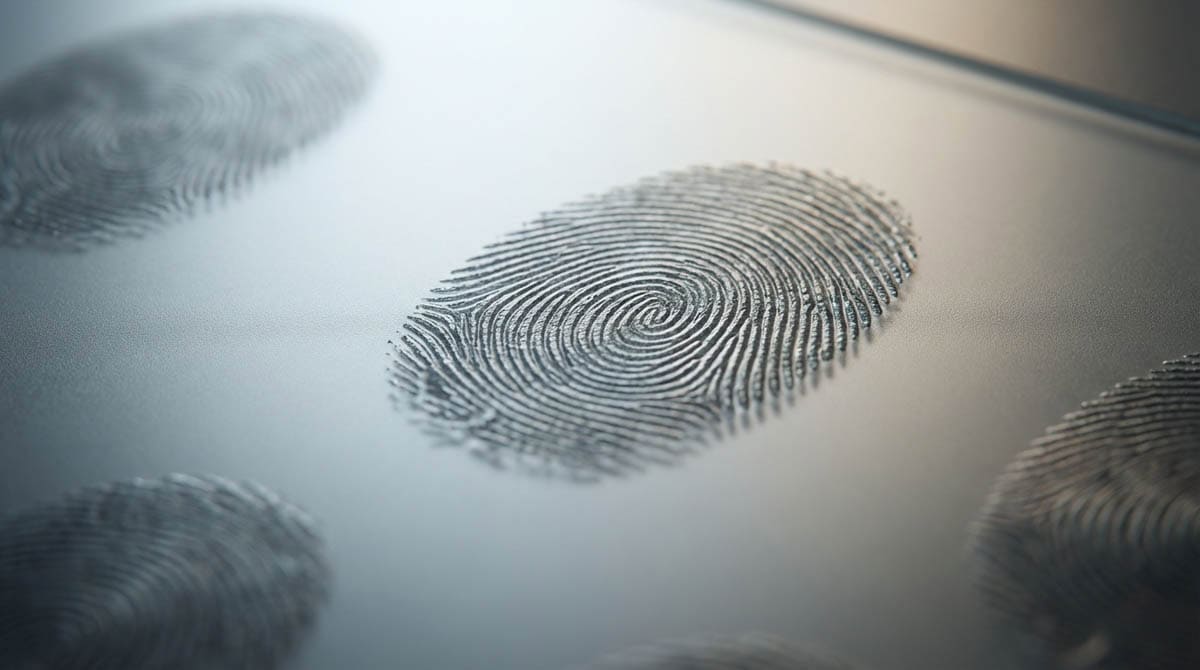 Close-up of detailed fingerprints on glass surface, symbolising authenticity AI can verify.
