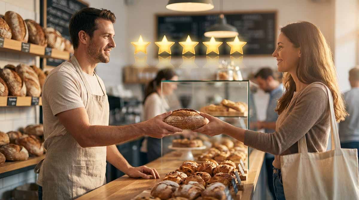 Customer buying fresh bread in five-star bakery