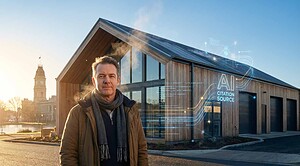 Regional business owner standing outside a modern timber building near Ballarat Town Hall, with digital overlays reading “AI Citation Source,” symbolising AI-ready marketing.