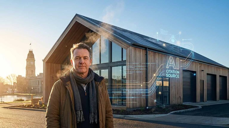 Regional business owner standing outside a modern timber building near Ballarat Town Hall, with digital overlays reading “AI Citation Source,” symbolising AI-ready marketing.