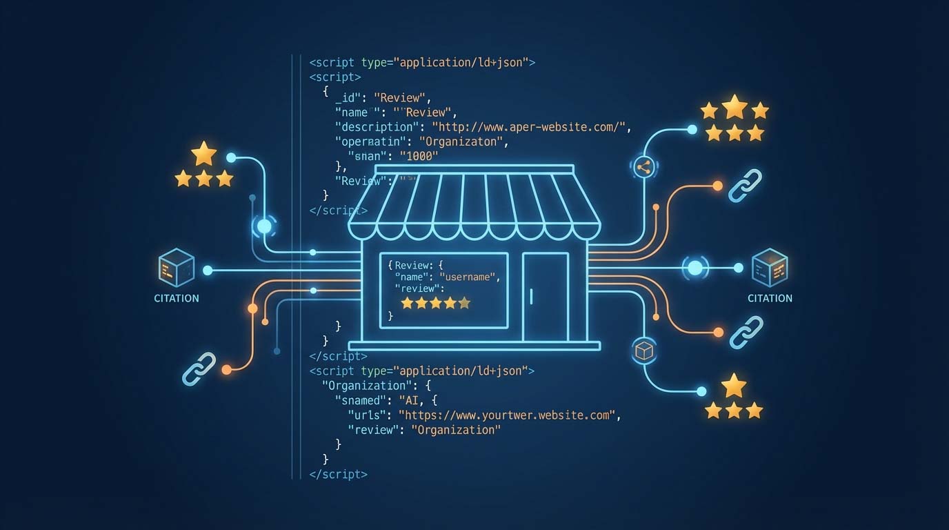 Illustration of a small business storefront surrounded by glowing schema code, review stars, and citation links representing structured data feeding AI search engines.