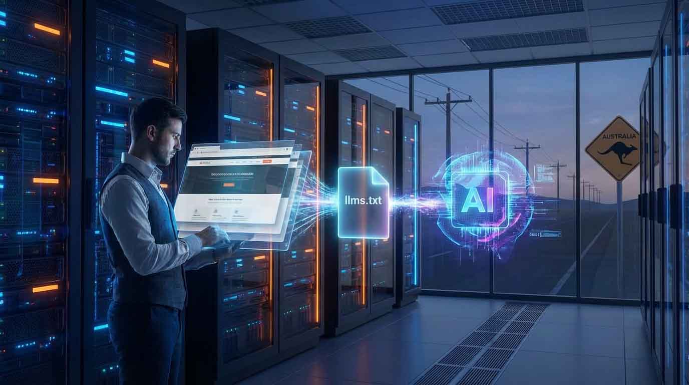 Engineer working in a server room with holographic interface showing “llms.txt” file transferring data to an AI system, representing next-generation website connectivity.