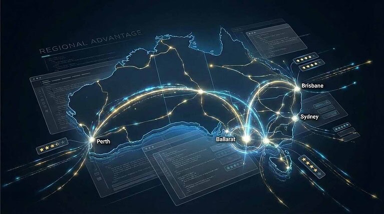 Digital map of Australia highlighting Ballarat, Sydney, Brisbane, and Perth connected by glowing AI data lines, symbolising regional visibility and AI-ready infrastructure.