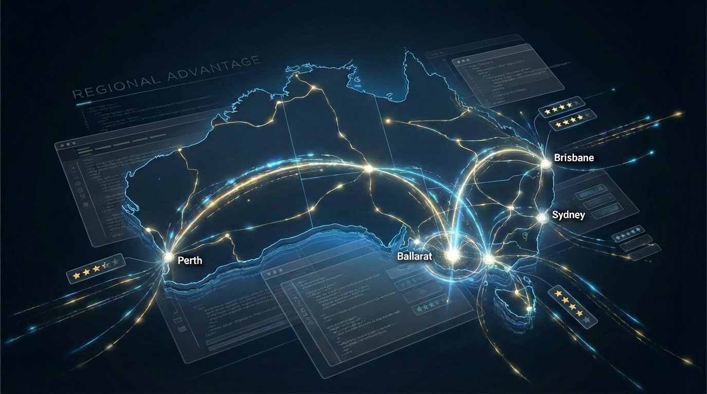 Digital map of Australia highlighting Ballarat, Sydney, Brisbane, and Perth connected by glowing AI data lines, symbolising regional visibility and AI-ready infrastructure.