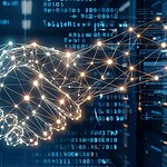 Digital illustration of two hands one human, one composed of interconnected glowing network nodes shaking hands in sign of collaboration.