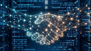 Digital illustration of two hands one human, one composed of interconnected glowing network nodes shaking hands in sign of collaboration.