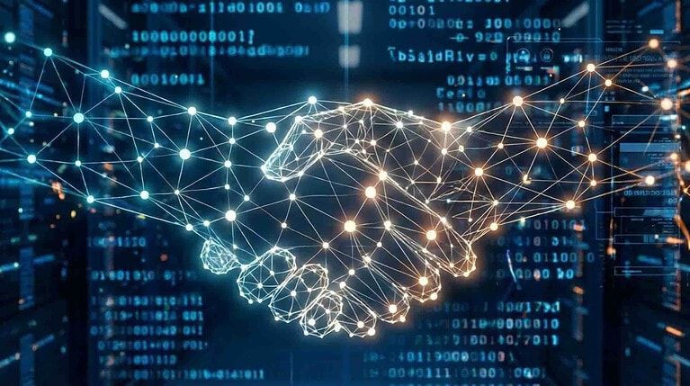 Digital illustration of two hands one human, one composed of interconnected glowing network nodes shaking hands in sign of collaboration.