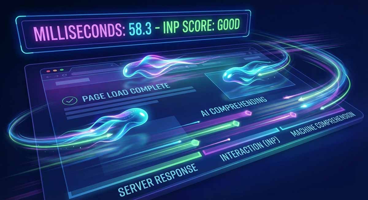 dashboard measuring milliseconds with glowing AI agents scanning a webpage representing the shift from page load to response latency.