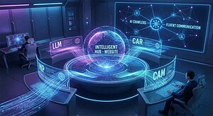 Futuristic AI hub with digital interfaces and data streams