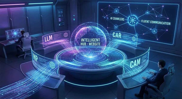 Futuristic AI hub with digital interfaces and data streams