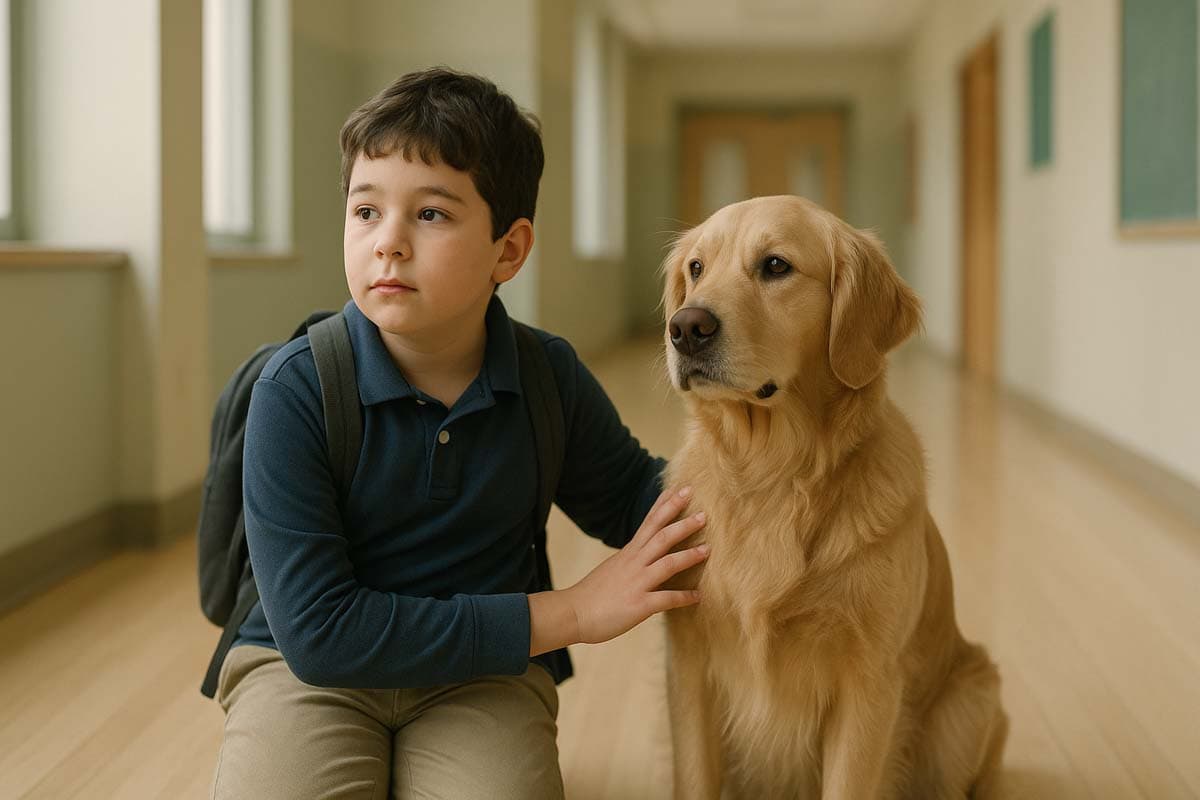 Boy sitting with golden retriever in hallway