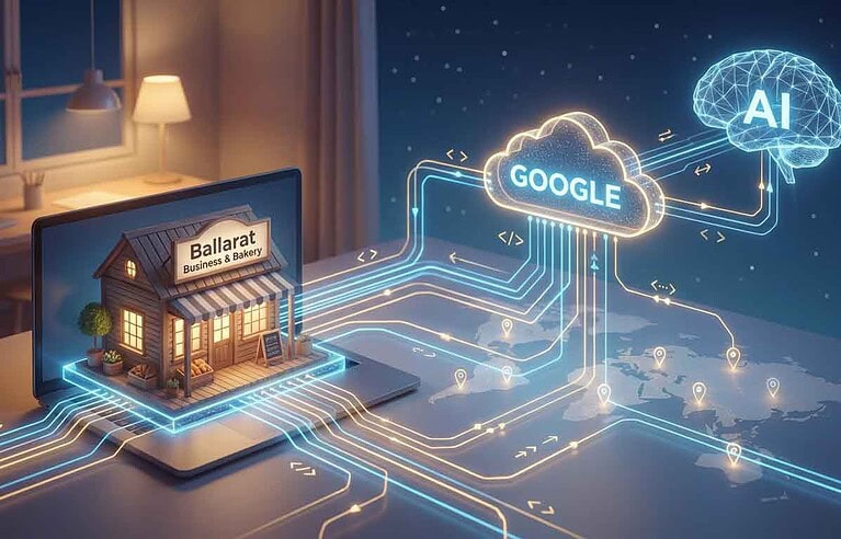 Conceptual Image of Local business using AI and Google for marketing