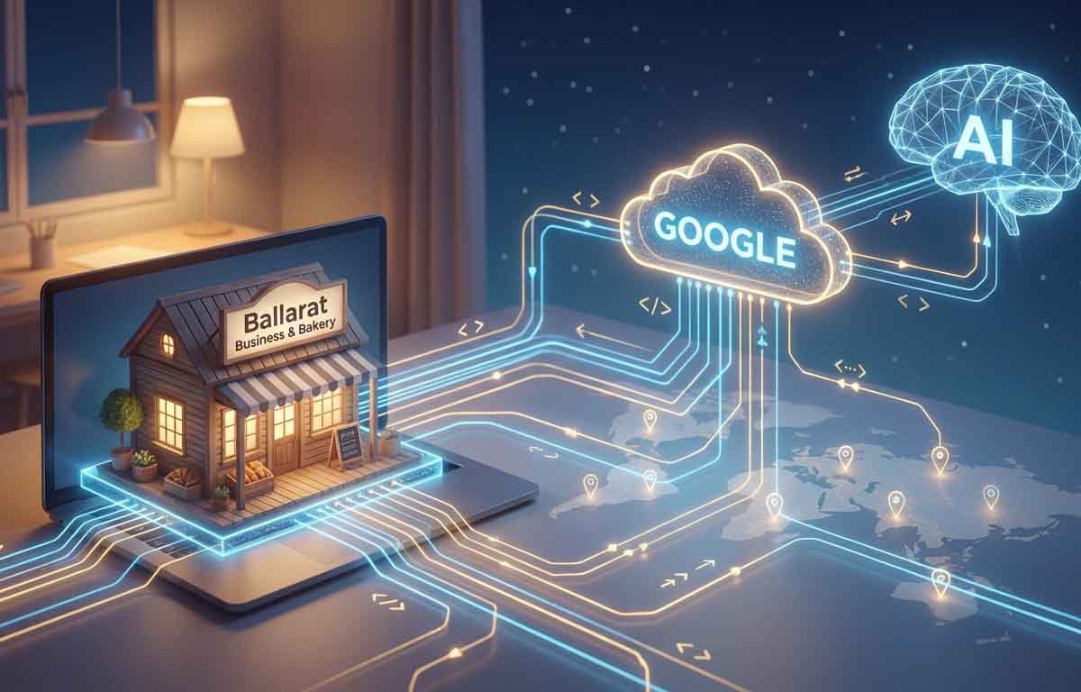 Conceptual Image of Local business using AI and Google for marketing