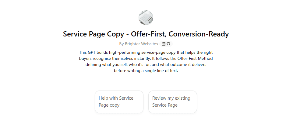 Service page copywriting for conversion-ready websites GPT Welcome Screen