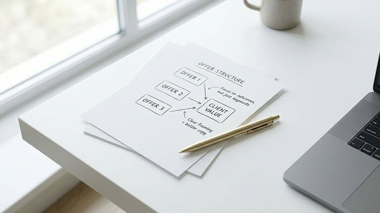 Paper with offer structure diagram on desk