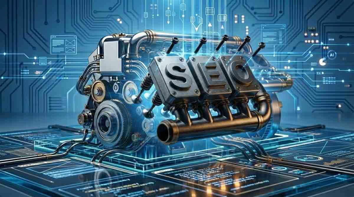 Futuristic SEO engine technology concept illustration