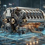 Futuristic V8 engine on digital blueprint display, representing the website as a content engine