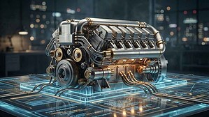 Futuristic V8 engine on digital blueprint display, representing the website as a content engine
