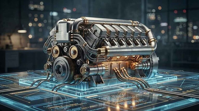 Futuristic V8 engine on digital blueprint display, representing the website as a content engine