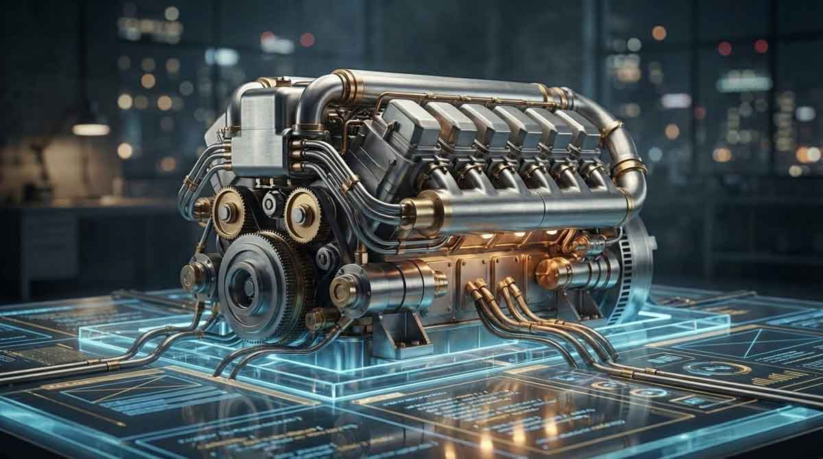 Futuristic V8 engine on digital blueprint display, representing the website as a content engine