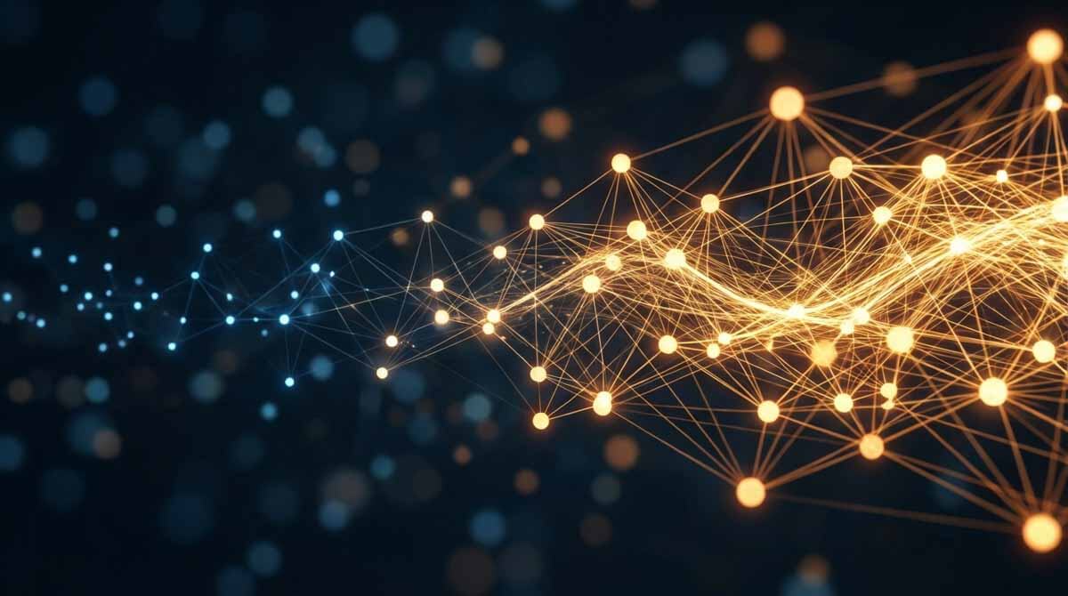 Abstract golden network of interconnected nodes and lines on a dark background suggesting compounding data and verification pathways for trust building