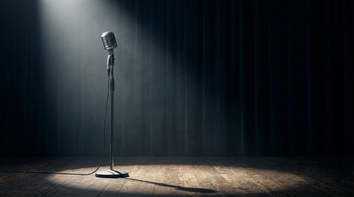 A single microphone lit on a dark stage, symbolising confidence in a solo authentic voice.