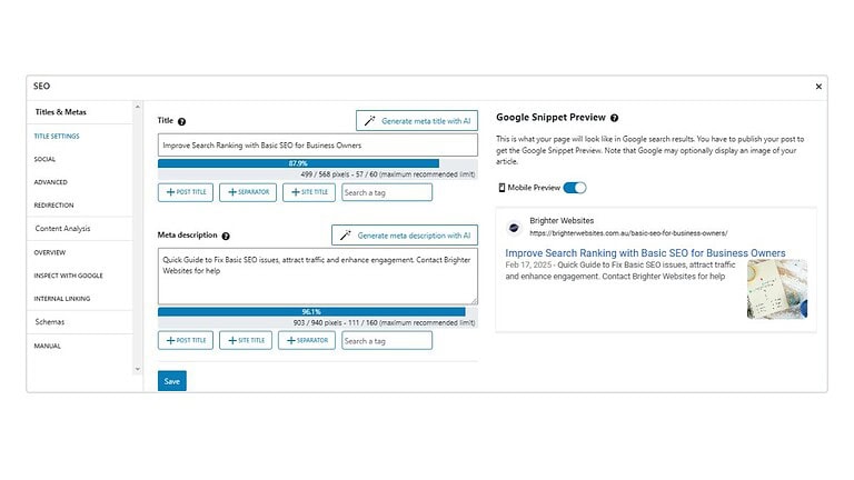 SEO settings panel showing title and meta description options