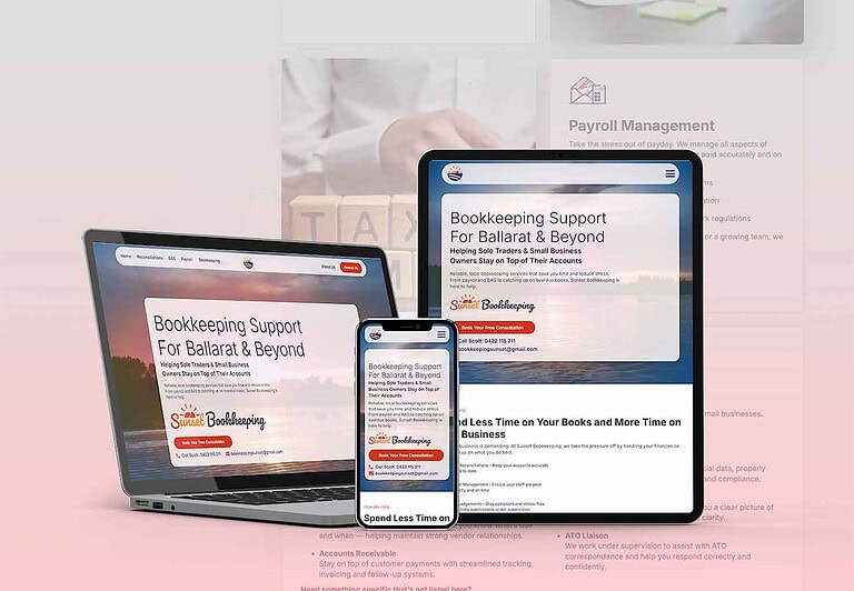 Final website showcase for Sunset Bookkeeping Ballarat highlighting responsive mobile and desktop design