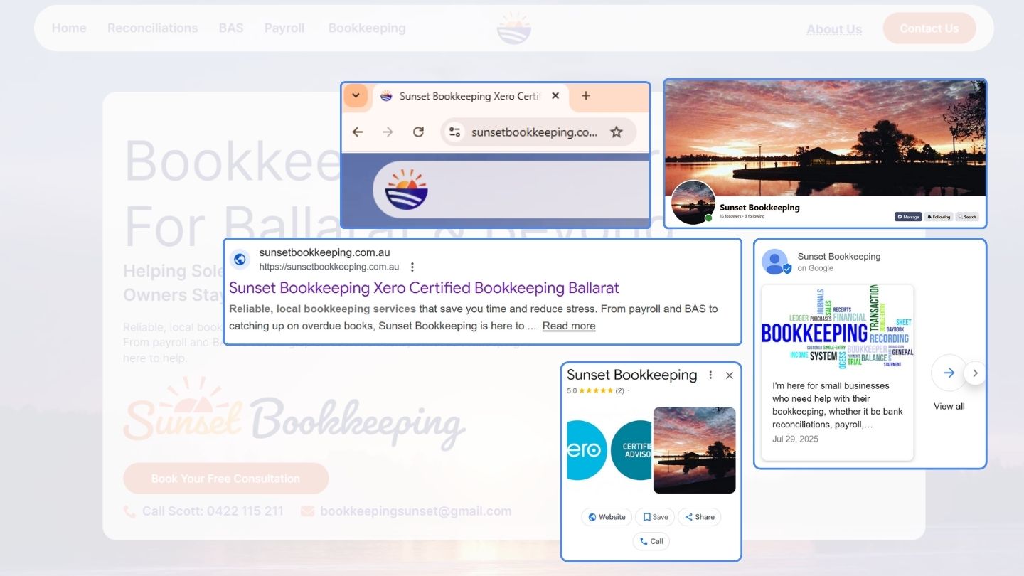 Sunset Bookkeeping website and social media previews