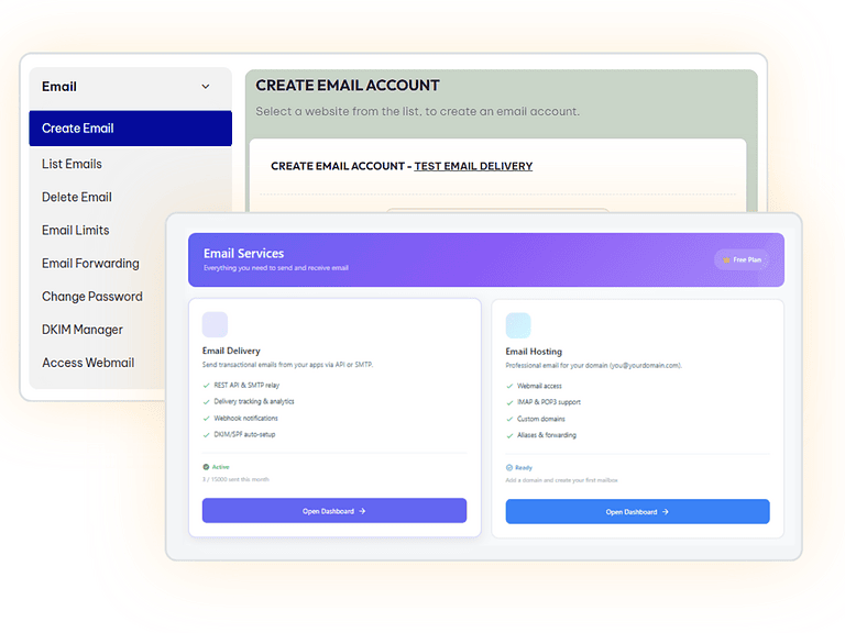 admin showing email delivery services with API and SMTP options alongside CyberPanel VPS email setup