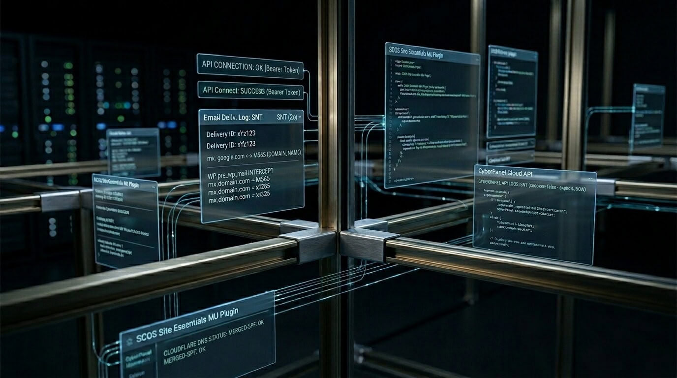 Dark editorial technology scene, abstract backend infrastructure system