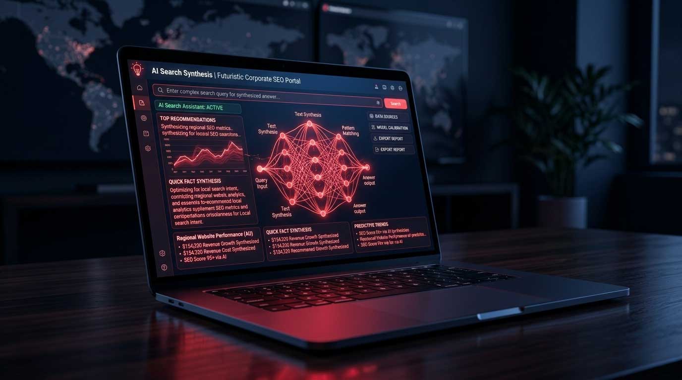 Laptop displaying AI Search Synthesis portal with red network diagram showing interconnected nodes, top recommendations panel, quick fact synthesis section, and regional website performance metrics for SEO analysis