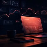 Laptop displaying Regional Insights dashboard with line graph, map of Australia, and key metrics set on a desk in a dark office environment with additional data visualisations visible in the background