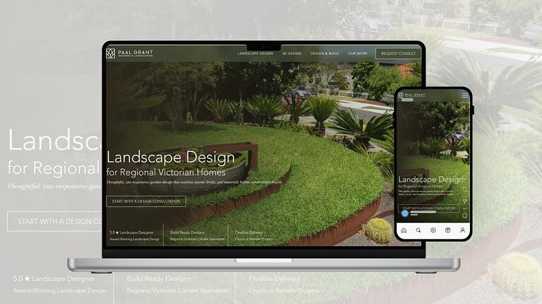 Paal Grant Designs in Landscaping website displayed on a laptop and mobile phone, showing landscape design services for regional Victorian homes