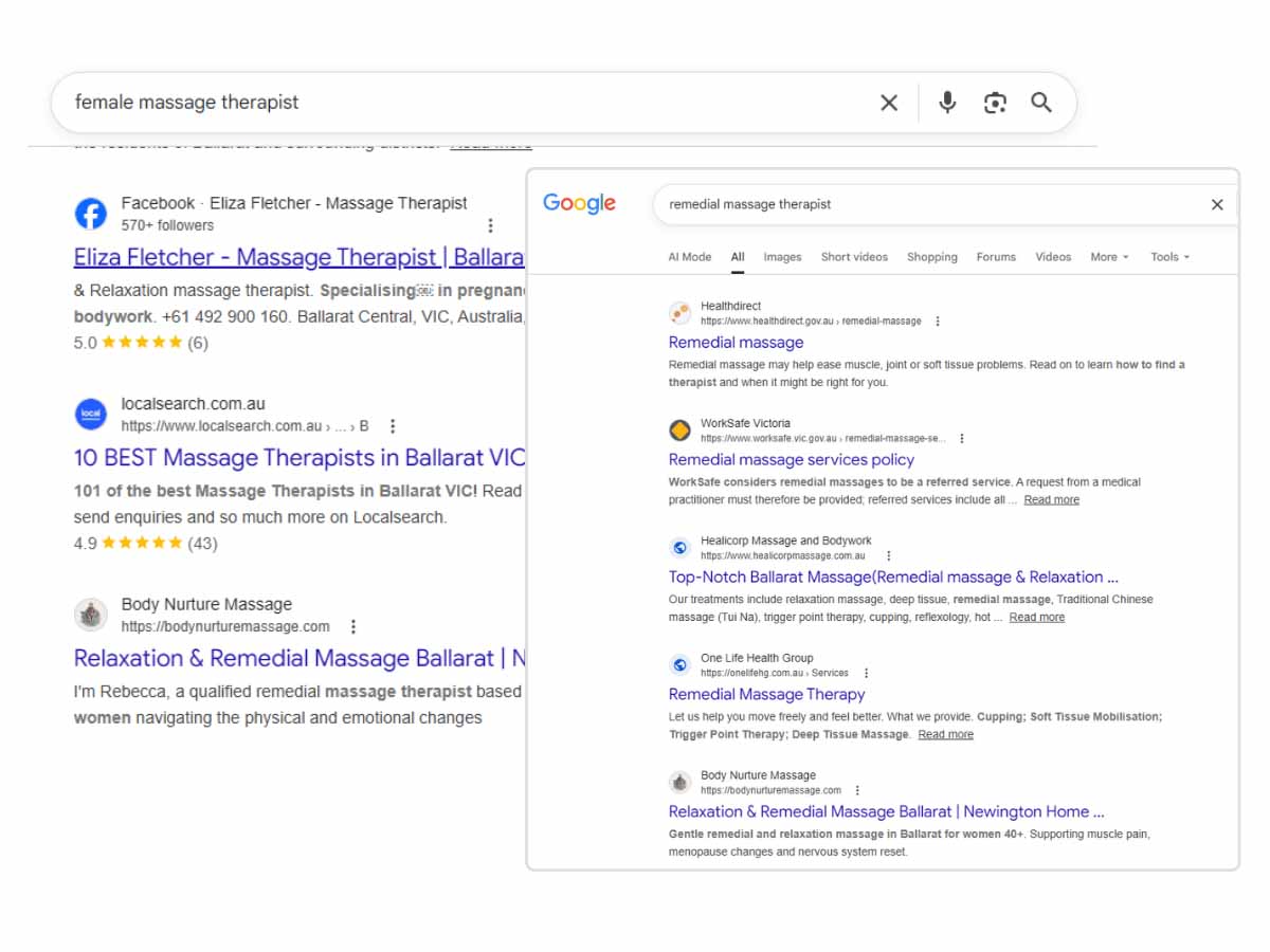 Google search results page displaying a Ballarat massage therapist ranking prominently for local search terms including female massage therapist and relaxation massage Ballarat after website and SEO improvements.