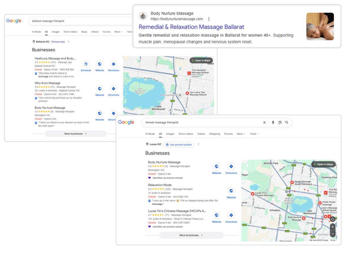 Google Maps search results showing a Ballarat massage therapy business appearing prominently in local pack rankings and map listings after website and local SEO improvements.