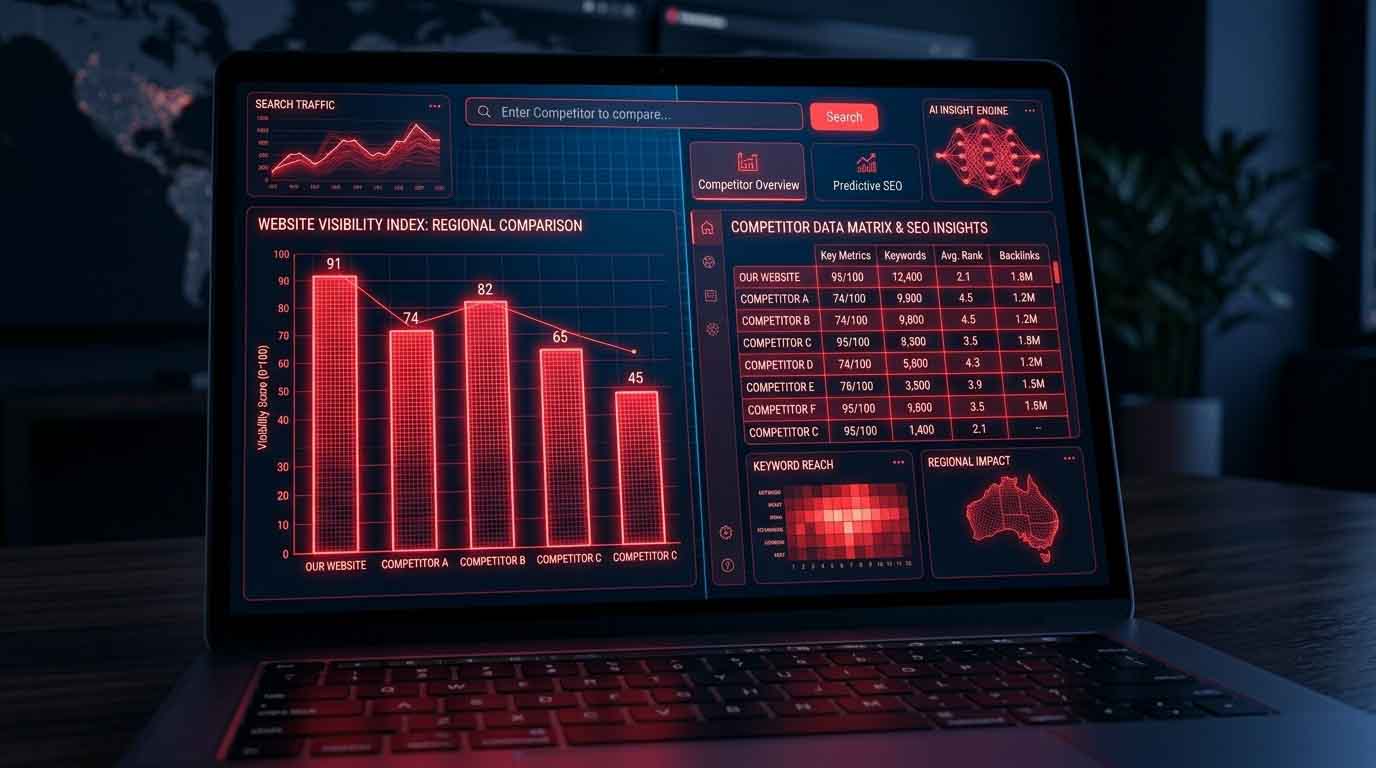 Laptop displaying a SEO competitor analysis dashboard with website visibility scores, search traffic trends, keyword rankings, backlink data, and regional search performance comparisons across Australia.