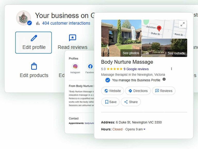 Google Business Profile for Body Nurture Massage showing business details, reviews, website link, and local search presence in Ballarat.