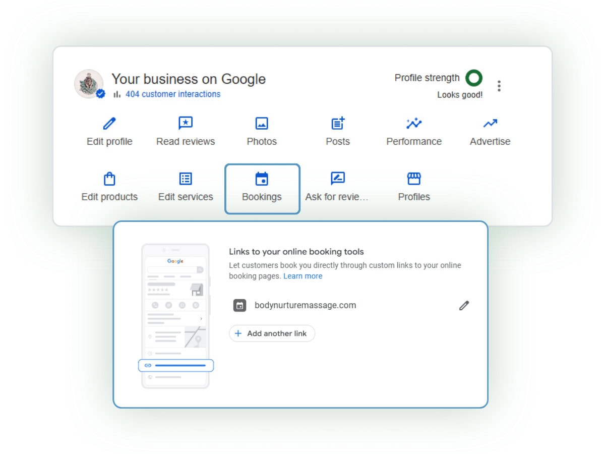 Google Business Profile booking link setup connected to the Body Nurture Massage website appointment page.