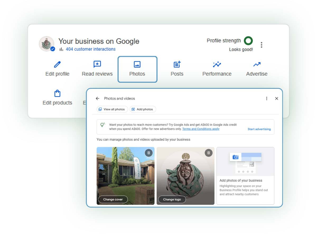 Google Business Profile photo management screen displaying cover image, business logo, and local business photography.