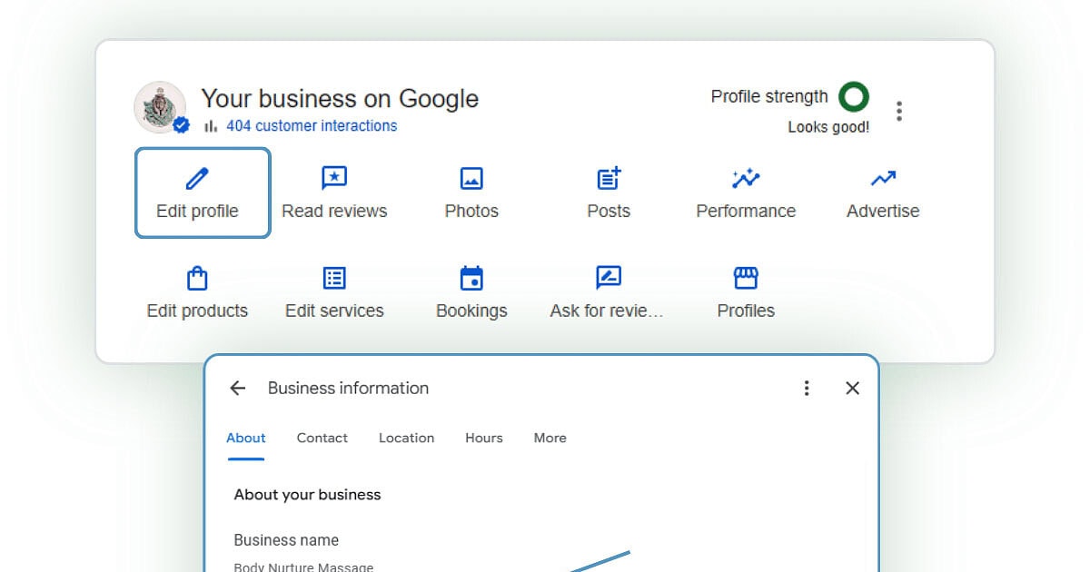 Google Business Profile setup screen showing Massage Therapist selected as the primary business category.