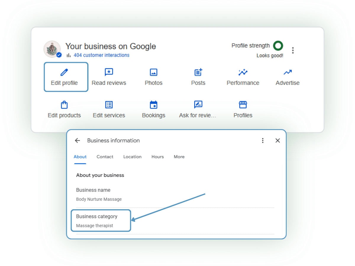 Google Business Profile setup screen showing Massage Therapist selected as the primary business category.