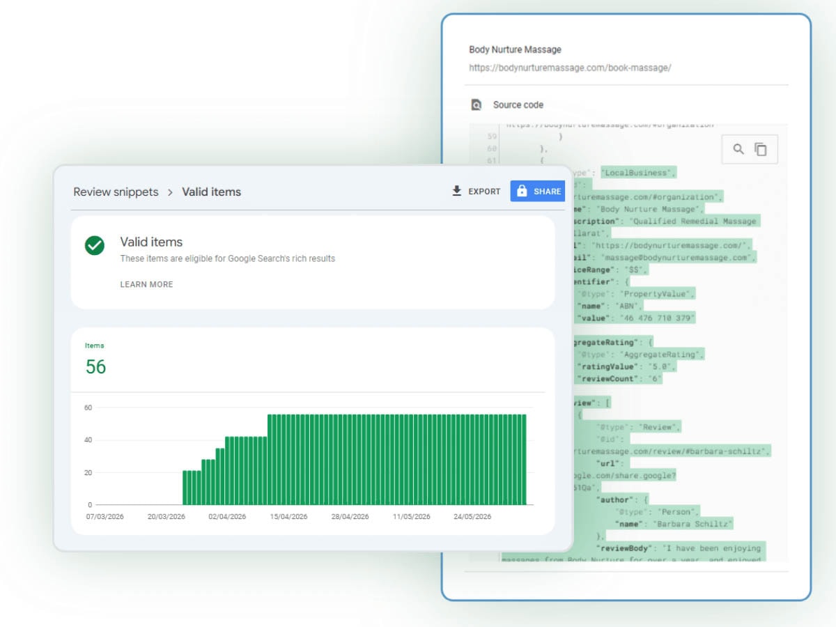 Structured review schema validation report alongside LocalBusiness schema implementation for Body Nurture Massage.