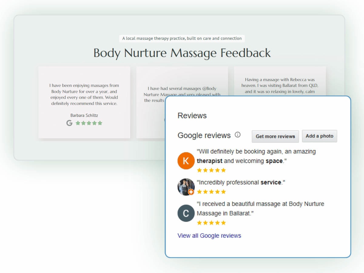Body Nurture Massage website displaying customer testimonials sourced from Google reviews.