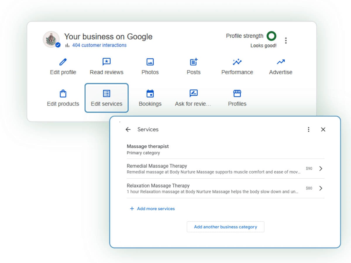 Google Business Profile services section showing massage therapy services with descriptions and pricing information.