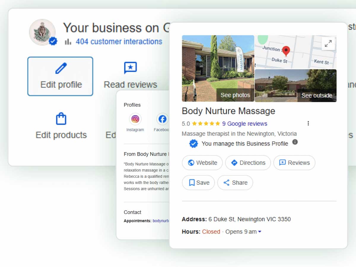 Google Business Profile for Body Nurture Massage showing business details, reviews, website link, and local search presence in Ballarat.